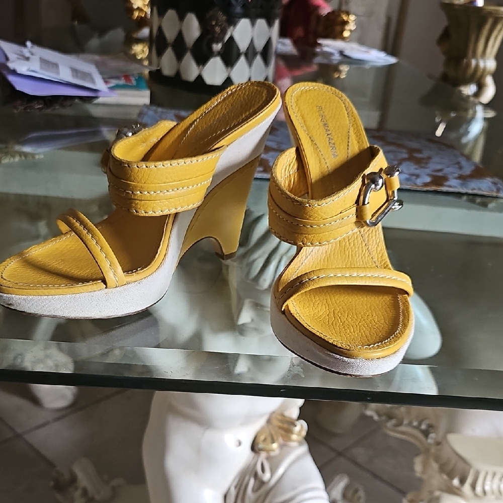 BCBG Yellow Leather Mules with Silver Buckle
